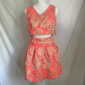 Floral Cutout Dress in Coral and Gold